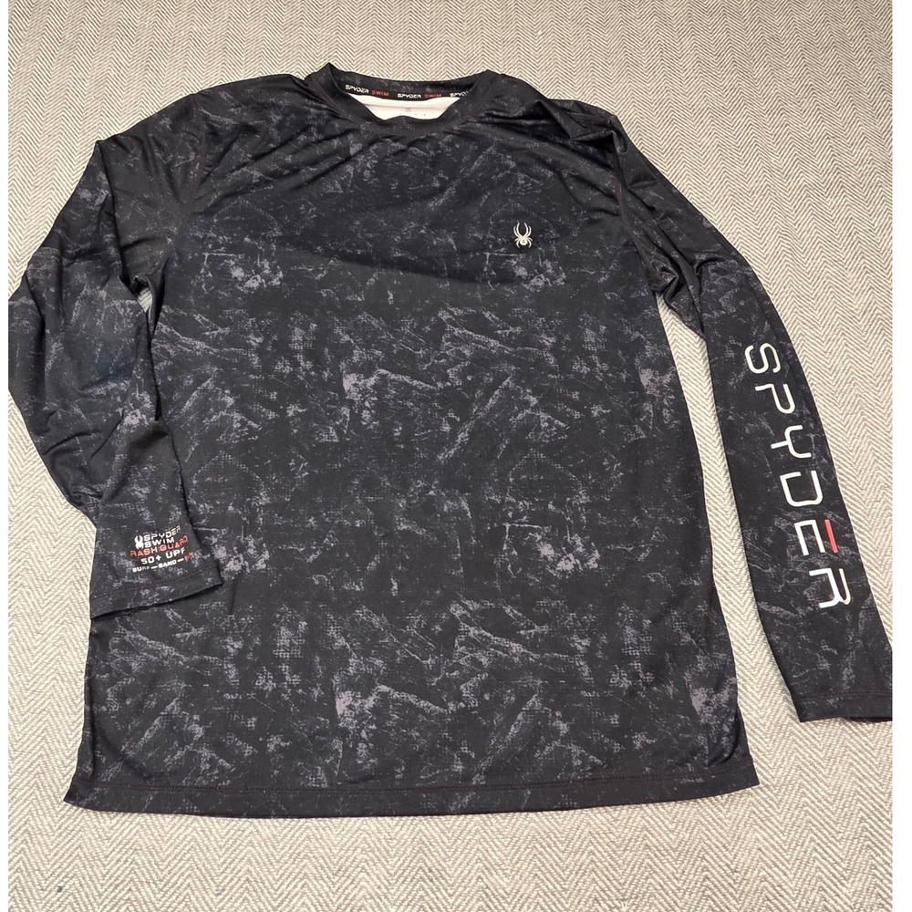 Spyder Mens Swim Rash Guard Long Sleeve 50+ UPF Black Grey Marble Print Small